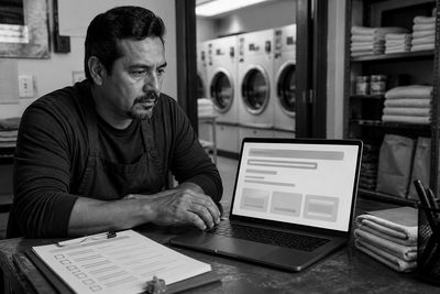 Laundry operator reviewing structured service information on a laptop