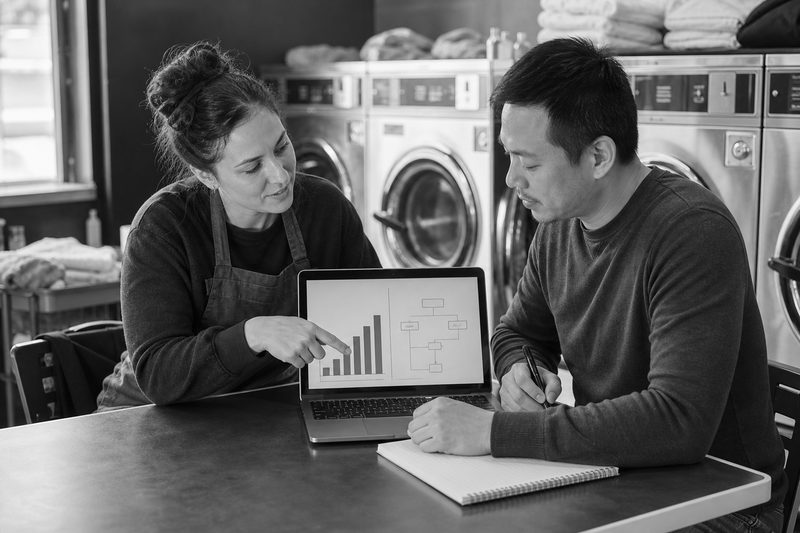 Laundry operator reviewing order performance with a specialist