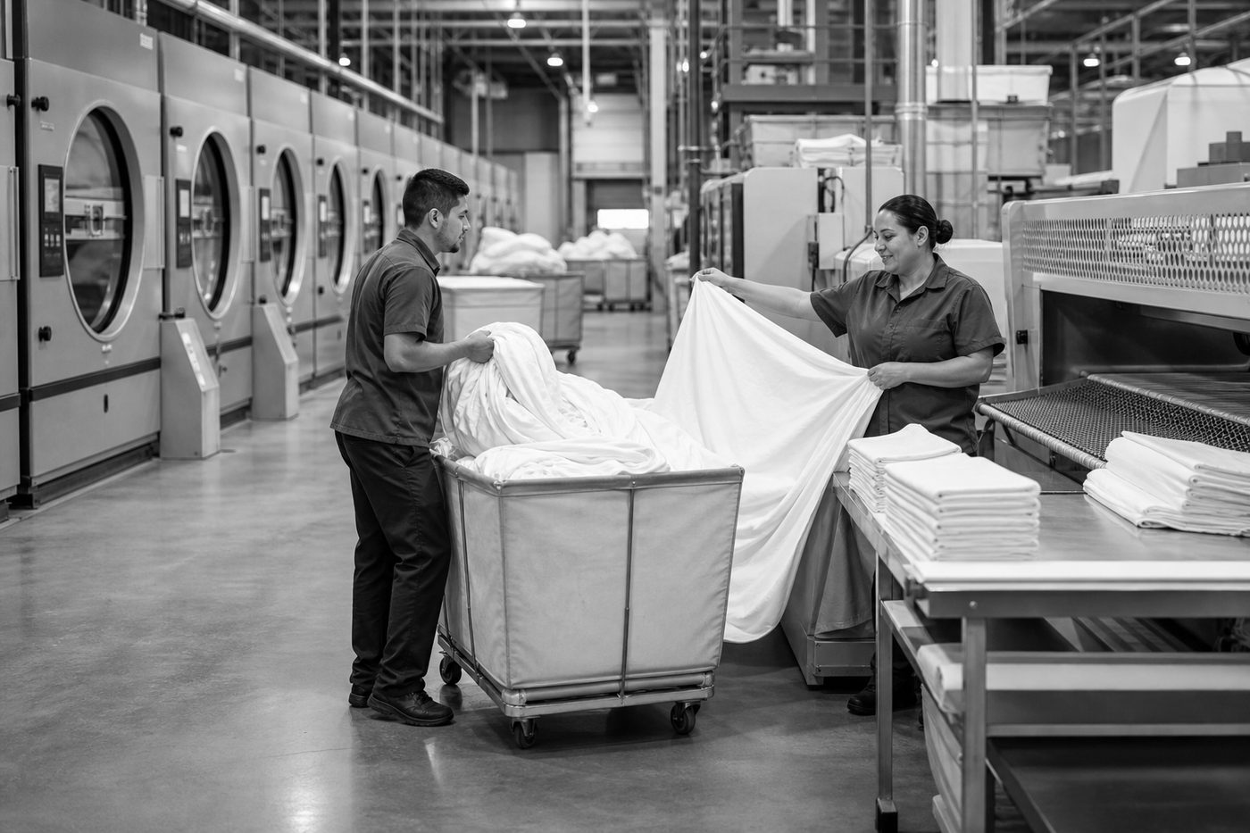 Commercial laundry team processing hospitality linen at scale